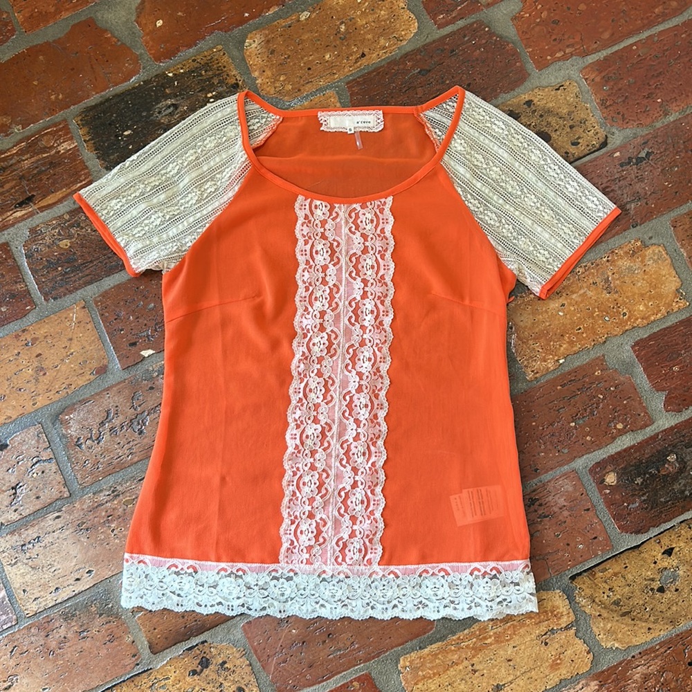 A’reve Semi-sheer with lace sleeves and trim top szS